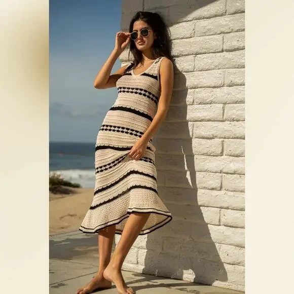 New $249 JOIE Crochet Knit Midi Dress Sleeveless Striped Ivory Coastal Chic M - Picture 1 of 15